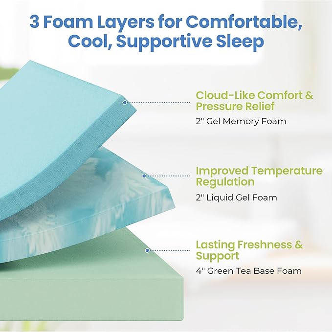 Yaheetech 8 Inch Queen Mattress 3 Foam Layer Cooling Gel Memory Foam Mattresses, Green Tea for Fresher Sleep, Medium Firm, CertiPUR-US Certified, No Fiberglass, Queen Size Mattress in a Box