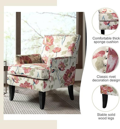 HULALA HOME Modern Accent Chairs Set of 2, Farmhouse High Back Floral Chairs with Wooden Legs & Nail Head Trim, Comfy Upholstered Armchairs for Living Room/Bedroom (Red Yellow Floral)