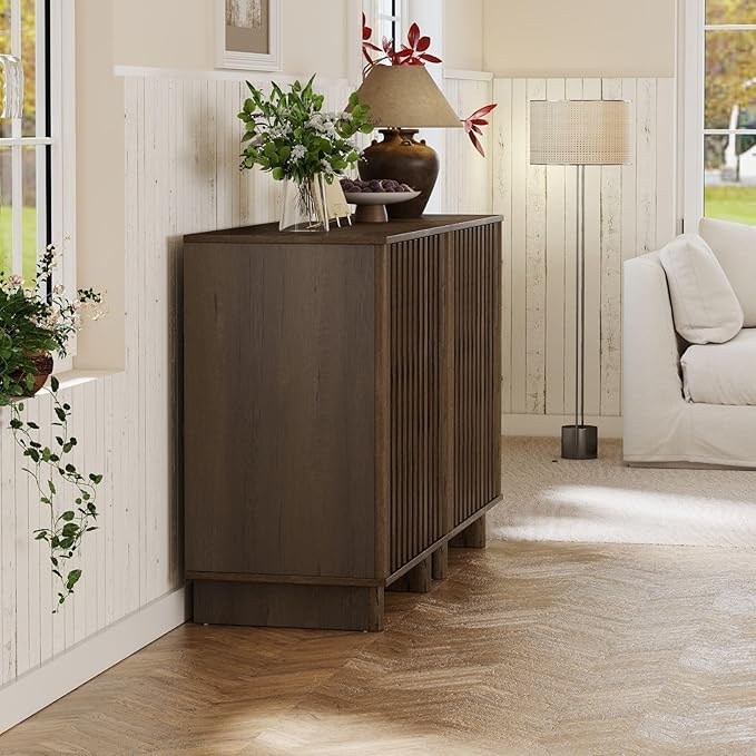 Sideboard Buffet Cabinet with Storage, Walnut Freestanding Floor Cabinet Farmhouse Sideboard with 2 Fluted Doors Wooden Hallway Cabinet Media Console Table Credenza for Living Room Dining Room, 3PCS