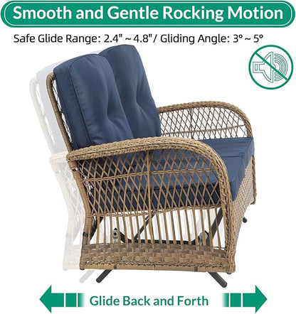 VIVIJASON 7-Piece Outdoor Patio Wicker Conversation Sets, All Weather Outdoor Rattan Furniture Set Includes Glider Loveseat, 2 Rocking Chairs, 2 Swivel-Gliders Chairs, 2 Coffee Table, Navy Blue