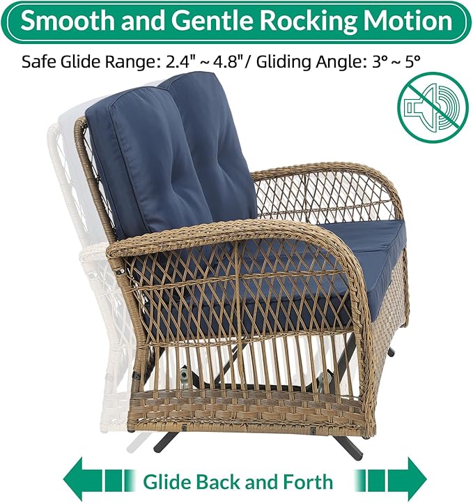 VIVIJASON 7-Piece Outdoor Patio Wicker Conversation Sets, All Weather Outdoor Rattan Furniture Set Includes Glider Loveseat, 2 Rocking Chairs, 2 Glider Rocker Chairs, 2 Coffee Table, Navy Blue