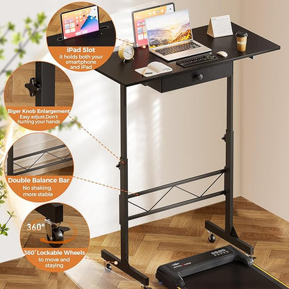 COMHOMA Small Standing Desk Adjustable Height Small Computer Desk Mobile Portable Rolling Laptop Table with Wheels 32" Computer Workstation Sit Stand Desks Portable Standing Table Treadmill desks