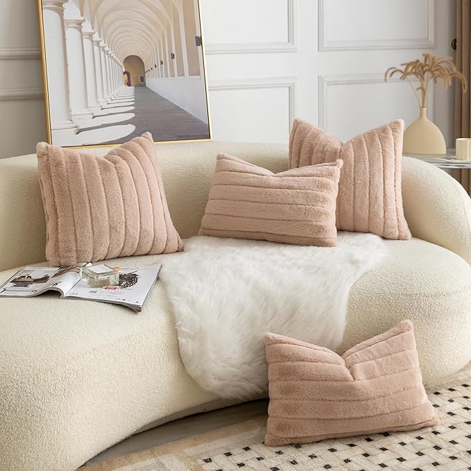 Pack of 2 Faux Fur Throw Pillow Covers 18x18 Inch Striped Decorative Soft Plush Couch Pillow Case Home Decor for Bed, Sofa, Living Room Beige