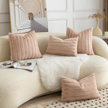 Pack of 2 Faux Fur Throw Pillow Covers 18x18 Inch Striped Decorative Soft Plush Couch Pillow Case Home Decor for Bed, Sofa, Living Room Beige