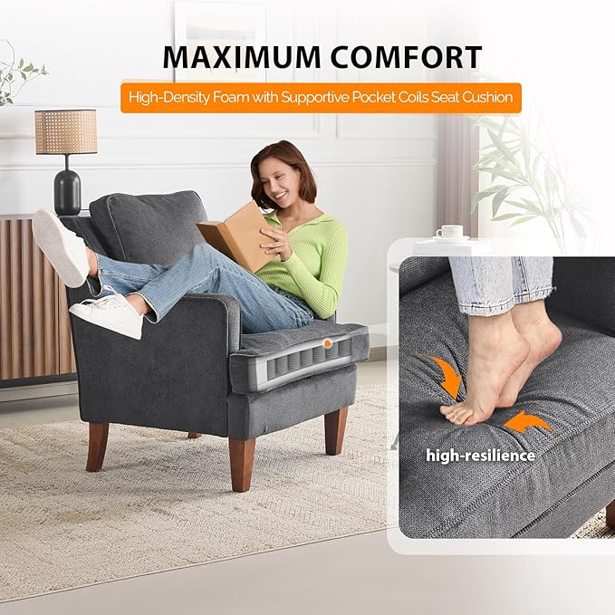 VINGLI Mid-Century Modern Accent Chairs Set of 2, Black Upholstered Armchair Comfy Sofa Chairs Reading Chair High Back for Living Room Bedroom Furniture Apartment