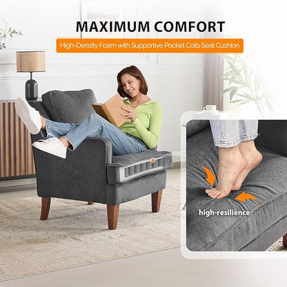 VINGLI Mid-Century Modern Accent Chairs Set of 2, Black Upholstered Armchair Comfy Sofa Chairs Reading Chair High Back for Living Room Bedroom Furniture Apartment