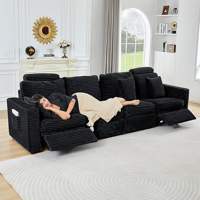 ORRD Power Reclining Sectional Sofa, Electric 4 Seat Recliner with 2 Electric Footrest and Adjustable Headrest, Modern Plush Corduroy Fluffy Modular Sectional with Deep Seat for Living Room-Black