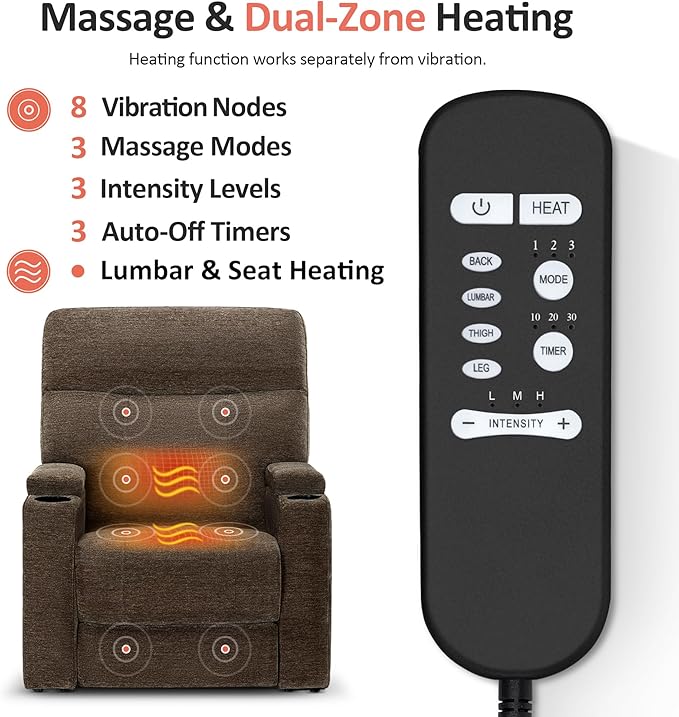 MCombo Lay Flat Dual Motor Power Lift Recliner Chair with Massage & Dual Heating, Arm Storage, Extended Footrest, USB A/C Ports & Cup Holders, Infinite Position for Elderly, Fabric LC002 (Brown)