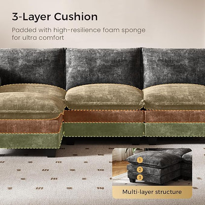 KKL 91.3" Large Modular Sectional Sofa Bed, 6 Seater Convertible J/L-Shaped Sleeper Cloud Couch with Ottoman, Chenille Sectional Couches for Living Room, Apartment, Grey