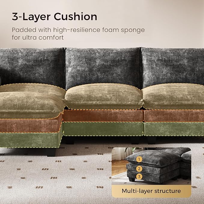 KKL Modular Sectional Sofa, L-Shaped 4 Seater Cloud Couch with Ottoman, Chenille Modern Sectional Couches for Living Room, Apartment, Grey