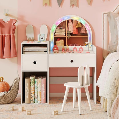 Costzon Kids Vanity, Girls Vanity Set with Mirror and Stool and Lights, Drawers & Storage Compartments, Toddler Makeup Vanity Desk Dressing Table, Wooden Kids Vanity Table and Chair Set (White)