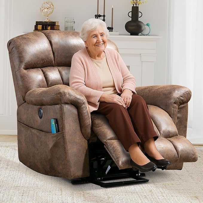 Power Lift Recliner Chair with Massage and Heat for Elderly, Faux Leather Electric Lifting Recliners with USB Port, Overstuffed Wide Reclining Sofa with Side Pockets for Living Room, Brown