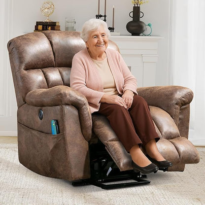Power Lift Recliner Chair with Massage and Heat for Elderly, Faux Leather Electric Lifting Recliners with USB Port, Overstuffed Wide Reclining Sofa with Side Pockets for Living Room, Brown