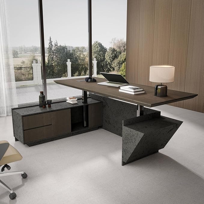 SAINTCY Adjustable Executive Desk - Luxury L Shaped Desk with Drawers, Large Table with File Cabinets, Executive Office Desks with LED Light Strip Home Office Desk for Professionals