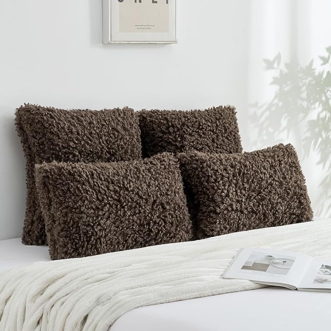 FUTEI Chocolate Decorative Throw Pillow Covers 20x20 Inch Set of 2,Soft Fluffy Faux Wool Fur Boucle Textured Cushion Case,Modern Home Decor for Couch Bed Living Room Office
