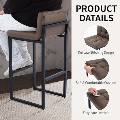 Counter Height Bar Stools Set of 4, Upholstered Barstools with Back, Bar Chairs with Thickened Metal Legs, PU Leather Counter Stools for Kitchen Island (Coffee Brown, 4Pcs 26" Bar Stools)