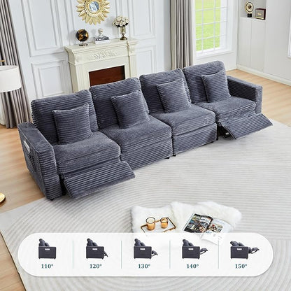 Power Reclining Sectional Sofa, Electric Loveseat Recliner with 2 Electric Footrest and Adjustable Headrest, Modern Plush Corduroy Fluffy Reclining Sectional with Deep Seat for Living Room-Blue Grey