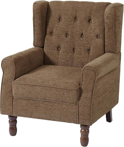 UIXE High Back Accent Chair, Fabric Upholstered Armchair Retro Wingback Arm Chair for Living Room, Comfy Single Sofa Bedroom Retro Reading Seat with Solid Wood Legs - Brown