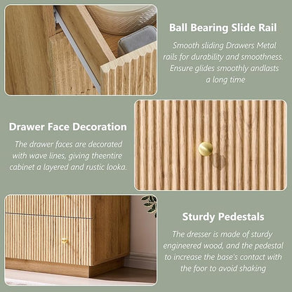Fluted Dresser for Bedroom, 47" 6 Drawer Dressers, Wood Tall Dresser Storage Organizer, Modern Chest of Drawers with Deep Storage for Closet Hallway, Entryway, Living Room, Natural