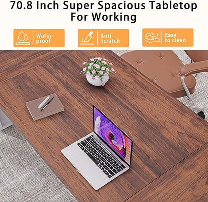 70.8" Large Home Office Compute Desk,Modern Heavy-Duty Excutive Office Desk,Workstation Write Table for Home Rustic Brown Table-top/White Metal Frame with Mirrors