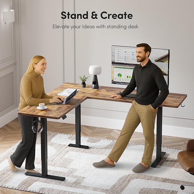 BANTI L-Shaped Standing Desk - 75 x 63 Inch Adjustable Corner Standing Desk with Charging Station - L Shape Sit Stand Table with Memory Controller, Splice Board for Home Office