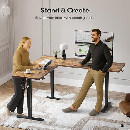 BANTI L-Shaped Standing Desk - 75 x 63 Inch Adjustable Corner Standing Desk with Charging Station - L Shape Sit Stand Table with Memory Controller, Splice Board for Home Office