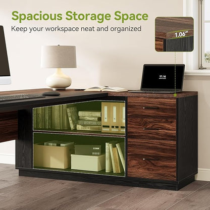 LITTLE TREE 78.7 Inches Modern Executive Desk with File Cabinet, Extra Large L Shaped Home Office Desk with Drawers, Professional Spacious Workstation for Home Office (Brown & Black)