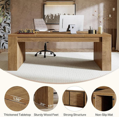 Tribesigns 70.9-Inch Executive Desk, Large Wooden Computer Office Desk with Sturdy Double Pedestal Legs, Writing Table Business Workspace Home Office Furniture for Home Office (Brown)
