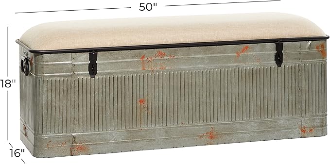 Deco 79 Metal Room Storage Bench Galvanized Entryway Bench with Cream Burlap Top, Bench 50" x 16" x 18", Gray