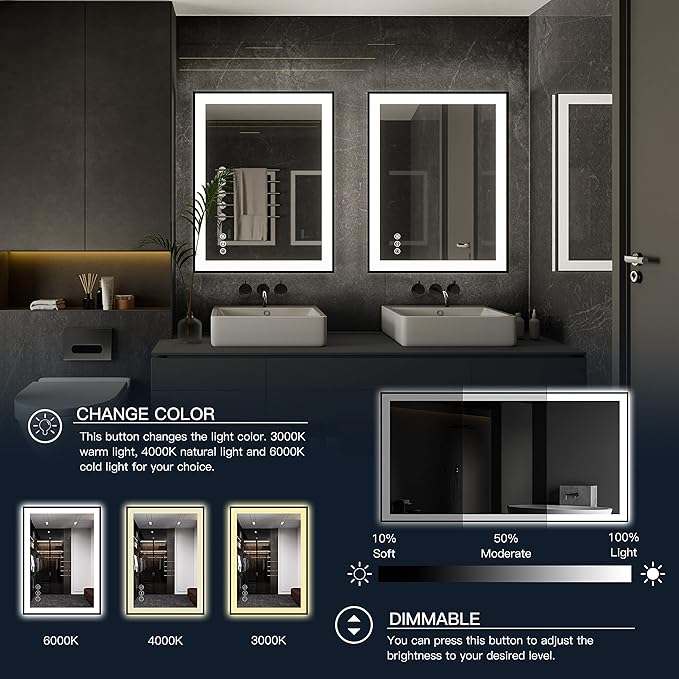ISKM Framed LED Mirror for Bathroom 32"x24", Dimmable LED Bathroom Mirror with Lights, Anti-Fog, Front and Backlit Lighted Mirror 3-Colors, Shatterproof, Memory Function