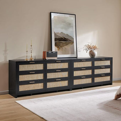 SICOTAS Rattan Dresser for Bedroom, 56.9" Wide 6 Drawer Dresser with Ample Storage, Wooden Dressers Large Chest of Drawers, Closet, Boho TV Stand for Bedroom (Black Oak, 1 Piece)