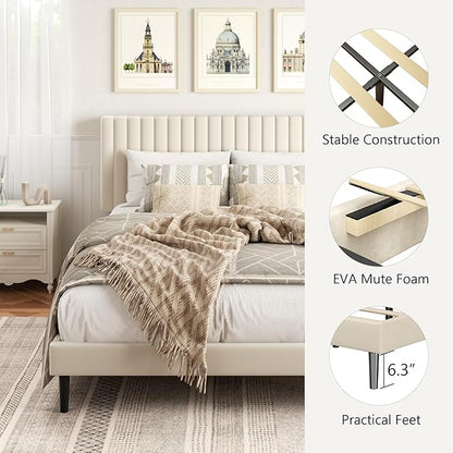 Queen Size Platform Bed Frame with Velvet Upholstered Headboard, Queen Bed Frame with Strong Wood Slats, Box Spring Optional, Mattress Foundation, Easy Assembly Beige