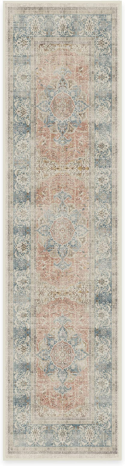 RUGGABLE Washable Vintage Runner Rug – Sarrah Coral 2.5x10, Stain-Resistant, Non-Slip Hallway Runner – Machine Washable Rug for Hallway, Entryway, Living Room & Kitchen–with Standard Pad