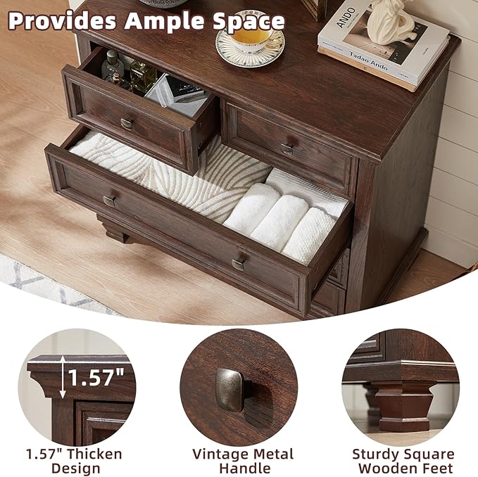 Farmhouse Bedroom Dresser and Nightstand Set of 4, 6 Drawer Low & 5 Drawers Dresser & 2 Drawer Nightstand Set, Rustic Wood Bedroom Furniture Set for Livingroom, Hallway, Walnut