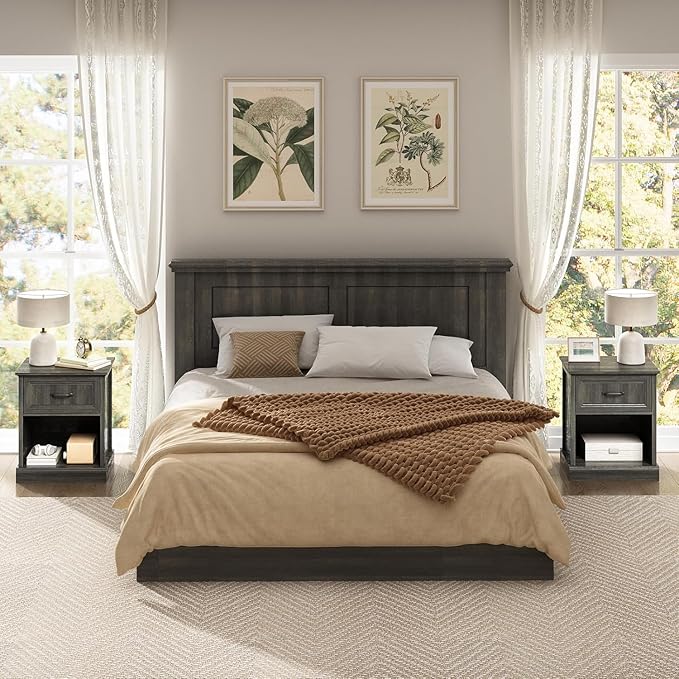 CARPETNAL Farmhouse Dresser and Nightstand Sets for Bedroom, 4 Pcs Bedroom Set, 5 Drawer & 9 Drawer Dresser and Nightstand Set of 2, Wood Chest of Drawers for Living Room, Entryway, Grey