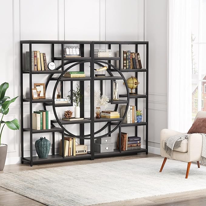 Tribesigns Bookshelf Industrial 5 Tier Etagere Bookcase, Freestanding Tall Bookshelves Display Shelf Storage Organizer with 9-Open Storage Shelf for Living Room, Bedroom, 2 Pack (Gray, 2 Pack)