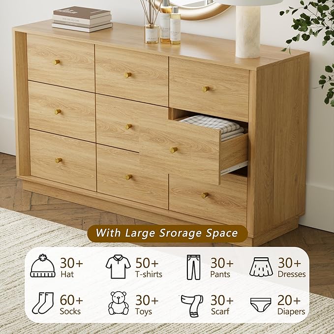 9 Drawer Dresser, Mid Century Modern Dresser with Storage, 55" Wide Chest of Drawers with Wood Grain Texture, Dressers TV Stand for Bedroom, Living Room, Hallway, Gold Oak