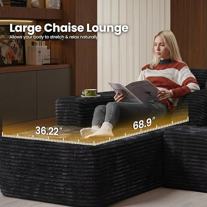 Cloud Sectional Couch with Chaise, Boneless U-Shaped Cloud Couch with Deep Seat, Soft Plush Modern Minimalist Sofa, Assembly Free Modular Floor Sofa for Office Living Room Apartment, Black