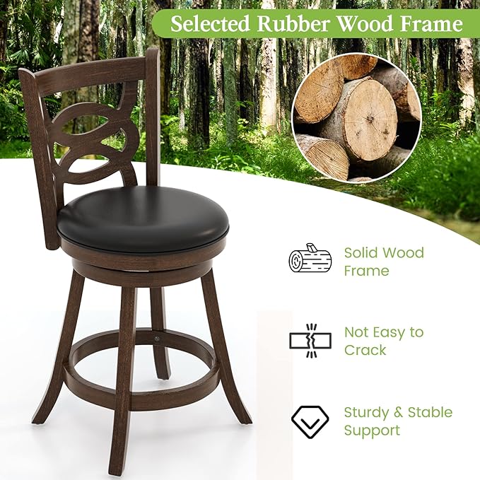 ERGOMASTER Swivel Bar-Stools Set of 2 Brown Counter Height Barstool 24 Inch Seat Bar Chair