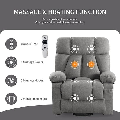 Oversized Power Lift Recliner Chair for Elderly, Big and Tall Lift Chair with Massage and Heat for Living Room, Fabric Electric Recliner Chairs with 4 Side Pockets, USB Charge Port,Grey