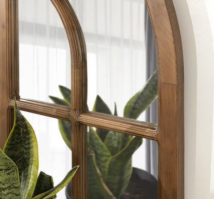 Kate and Laurel Boldmere Modern Farmhouse Wide Windowpane Arched Mirror; 30 x 29; Rustic Brown; Decorative Vintage Inspired Window Mirror for Farmhouse Wall Decor
