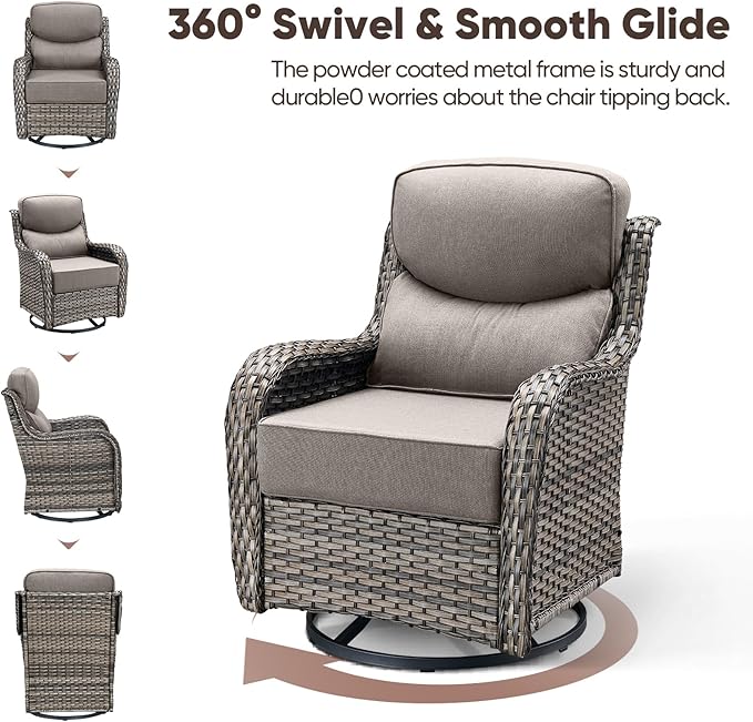 Swivel Patio Chairs Sofa Set of 5 with 6" Thick Cushion - Wicker Outdoor Swivel Rocker Patio Chair with Side Table, High Back Comfortable Outdoor Glider Chairs - Grey Wicker - Grey Cushions