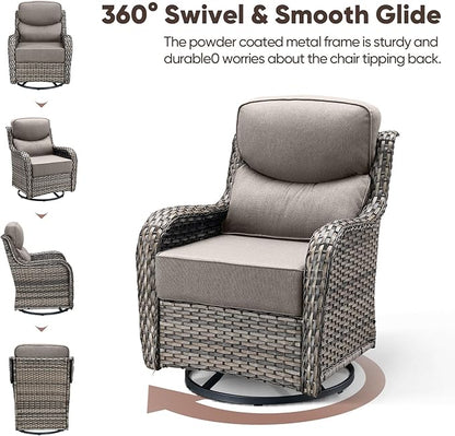 Swivel Patio Chairs sofa Set of 9 with 6" Thick Cushion - Wicker Outdoor Swivel Rocker Patio Chair ,Sofa/Glass coffee table, High Back Comfortable Outdoor Glider Chairs - Grey Wicker | Grey Cushions
