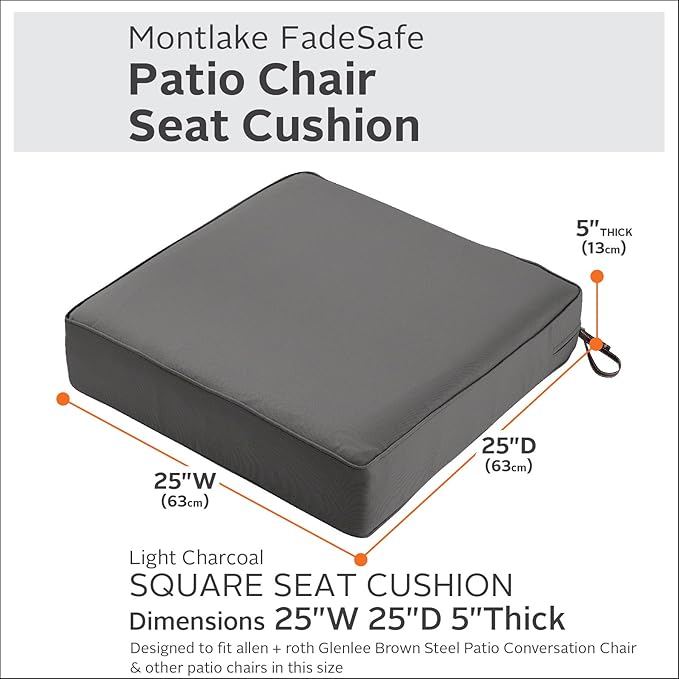 Classic Accessories Montlake Water-Resistant 25 x 25 x 5 Inch Square Outdoor Seat Cushion, Patio Furniture Chair Cushion, Light Charcoal Grey, Outdoor Cushion Cover
