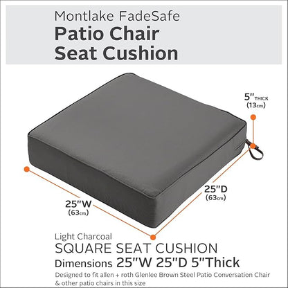 Classic Accessories Montlake Water-Resistant 25 x 25 x 5 Inch Square Outdoor Seat Cushion, Patio Furniture Chair Cushion, Light Charcoal Grey, Outdoor Cushion Cover