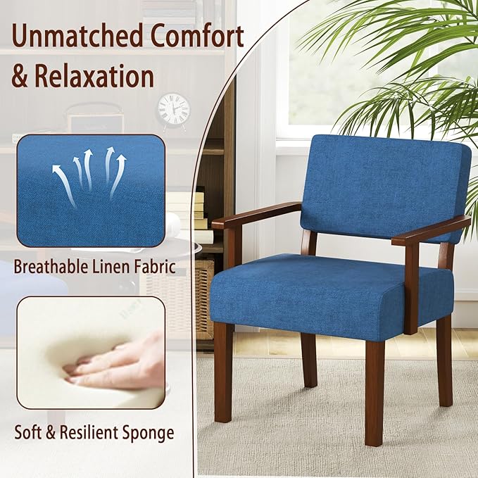 KOMFOTT Upholstered Accent Chairs Set of 2, Mid-Century Modern Armchair with Rubber Wood Frame, Linen Living Room Chairs with Padded Seat & Backrest, Reading Chair for Bedroom, Waiting Room, Blue