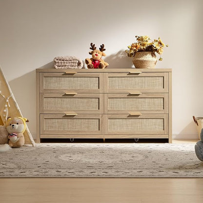 SICOTAS Rattan Dressers for Bedroom Set 2, Large 6 Drawer Dresser Long Chest of Drawers, Dresser Farmhouse TV Stand for Bedroom, Living Room, Closet (Reclaimed Light Oak, 2 Pieces)