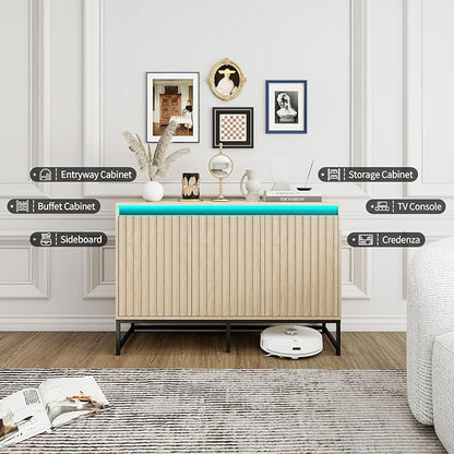 Fluted Sideboard Buffet Cabinet with Storage Wood Storage Cabinet with Doors and Adjustable Shelves LED Light, Modern Credenza for Kitchen, Dining Room, Living Room, Entryway (59" Oak, 1)