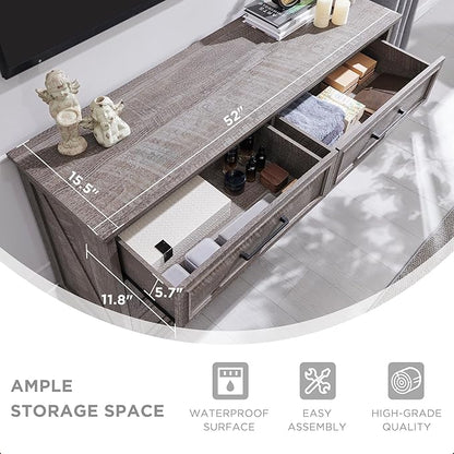 ACCOHOHO Farmhouse 6 Drawer Dresser for Bedroom, 52 Inch Wide Modern Dresser TV Stand with Large Drawers & Bar Handles, Rustic Wood Chest of Drawers for Bedroom, Living Room, Hallway, Grey