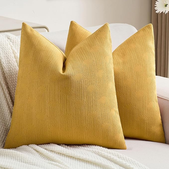 FUTEI Mustard Yellow Chenille Decorative Throw Pillow Covers 18x18 Inch Set of 2,Soft Cozy Striped Geometric Patterns Cushion Cases,Modern Home Decor for Couch Bed Living Room